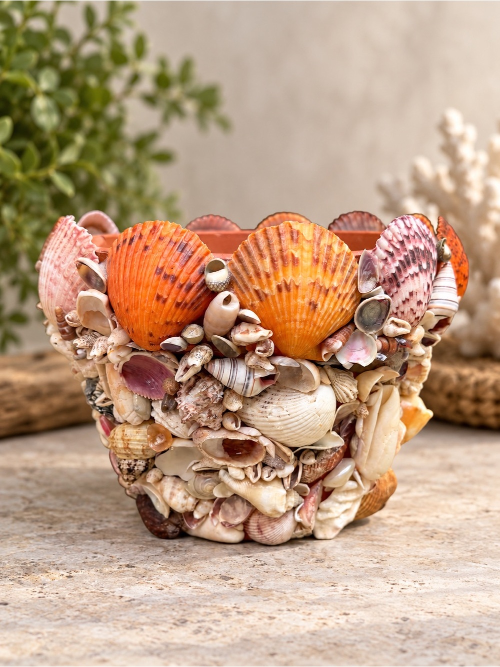 Vintage Handmade Seashell Encrusted Terracotta Planter | Coastal Beach Decor